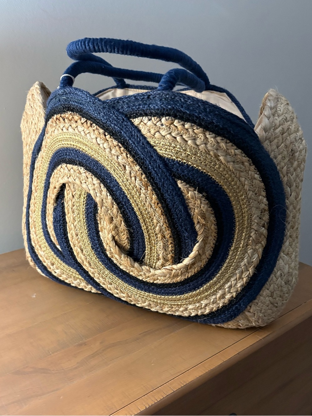 Woven Straw Tote Bag with Navy Accent